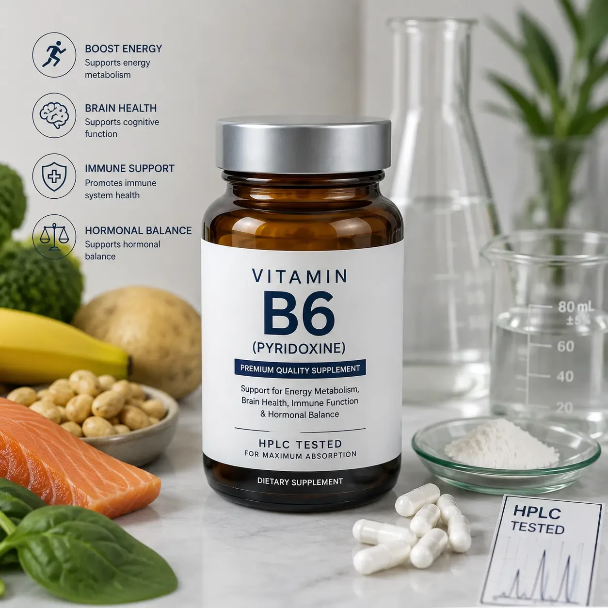 Vitamin B6 (Pyridoxine) Supplement – Boost Energy, Brain Health, Immune Support & Hormonal Balance | HPLC Tested for Maximum Absorption
